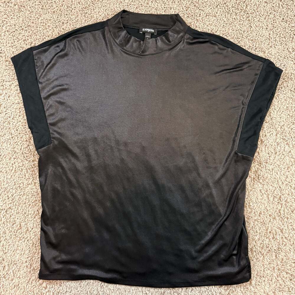 Express Womens Medium Black Mixed Media Faux Leather Satin Mock Neck Blouse‎